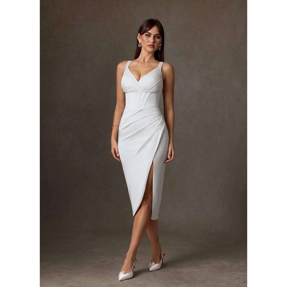 Azazie Zoie Diamond White Sheath Pleated Satin Midi Dress Women’s Sz 6